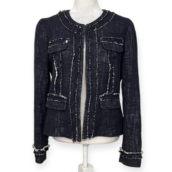Katherine Barclay Navy Tweed Fringe Jacket Women's 12 Linen Blend Workwear - Picture 1 of 11